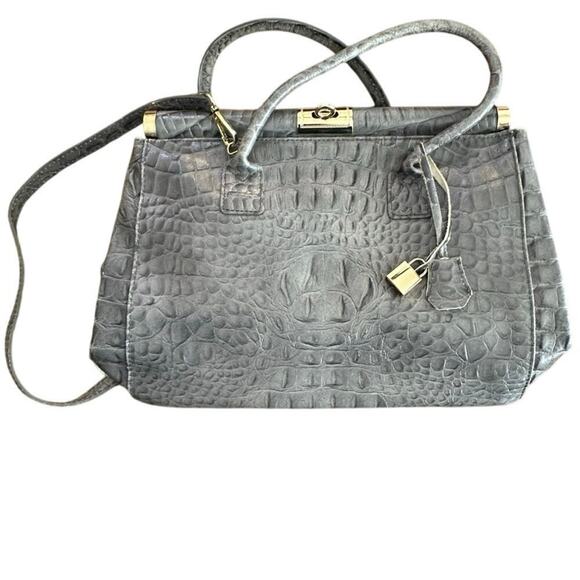 Women's Gray Genuine Leather Stamped Alligator Borse En Pelle Satchel Bag - Picture 2 of 10